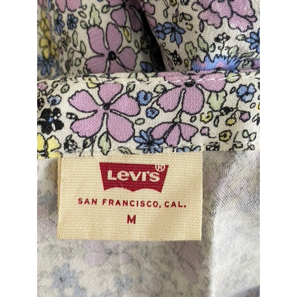 LEVI’S Women’s White Floral Print Button-Up Short Puff Sleeve Crop Top SZ M