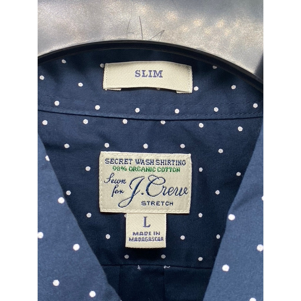 J.CREW Men's Navy Blue-White Micro Dot Stretch Slim-Fit Button-Up Shirt SZ L