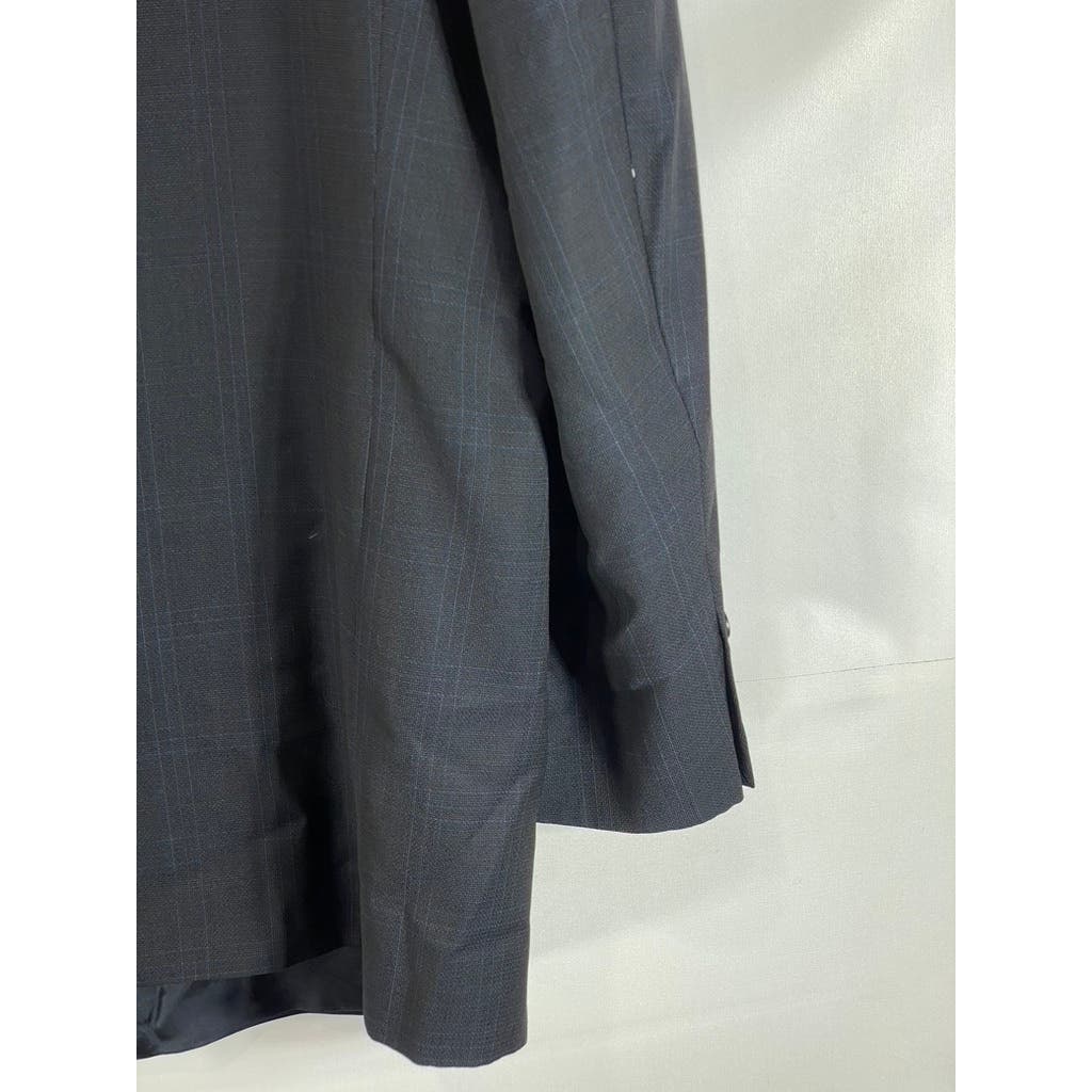 HART SCHAFFNER MARX Men's Black Plaid Long Two-Button Wool Blazer SZ 48L