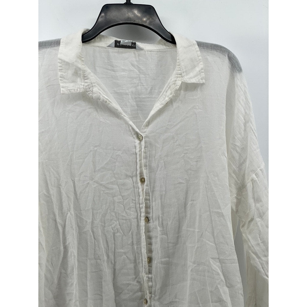 PRIMARK Women's White Solid Button-Up Long Sleeve Collared Top SZ S