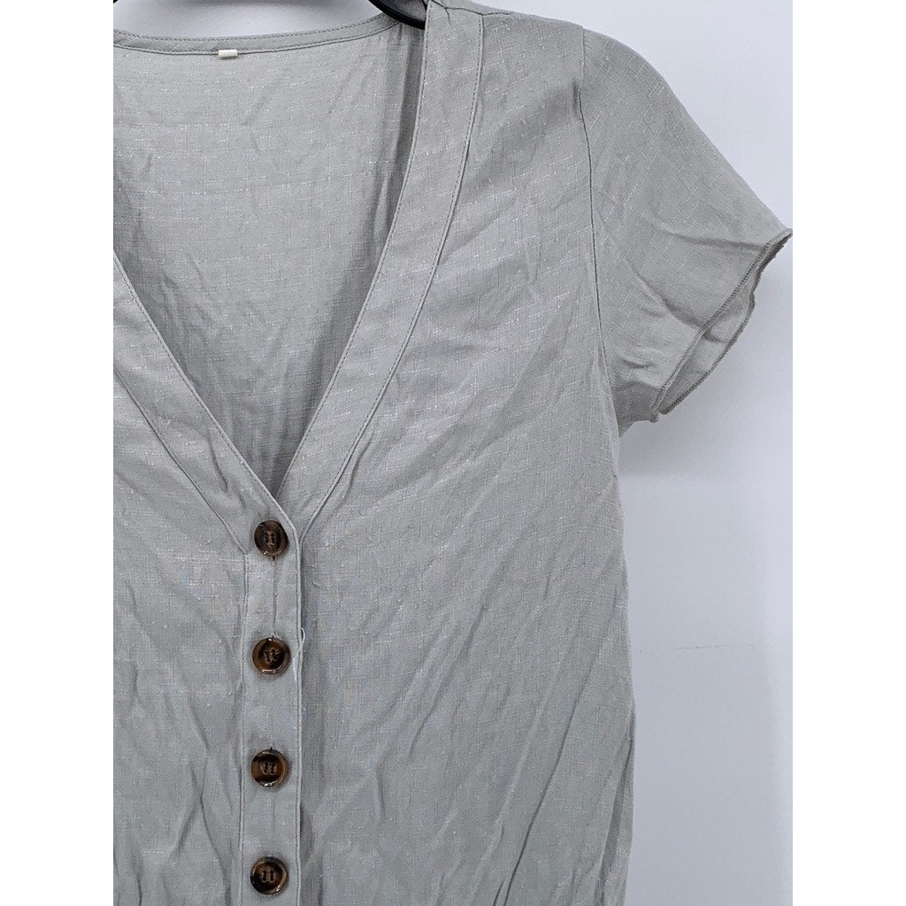 UNBRANDED Women's Gray V-Neck Button-Front Ruffle Hem Dress SZ M