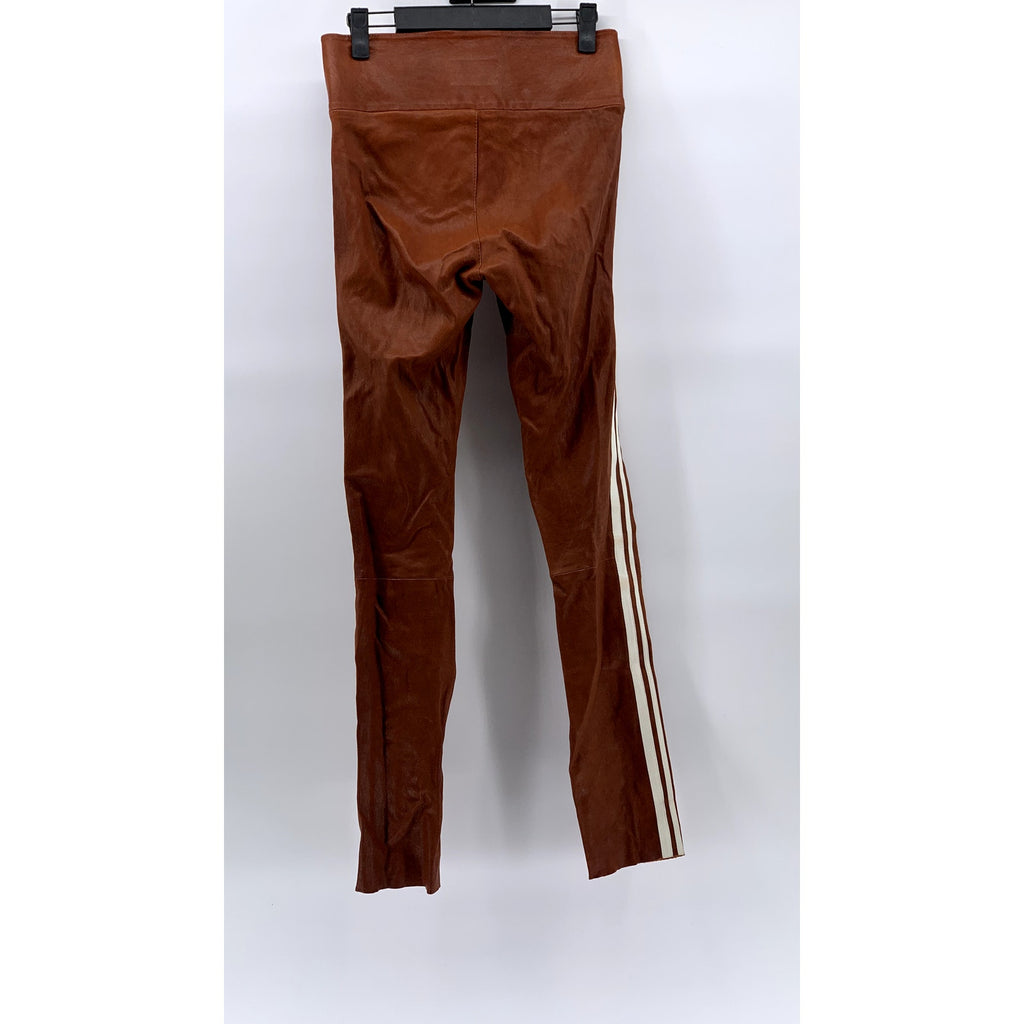 SPRWMN Women's Cognac-White Athletic Striped Capri Leather Leggings SZ S
