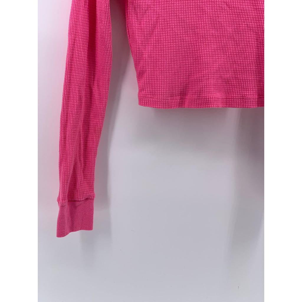 TNA Women's Pink Waffle-Knit Crewneck Long Sleeve Casual Cropped Top SZ S