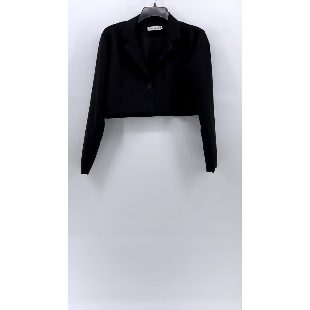 Women's Black Solid Single-Button Notch Collar Long Sleeve Cropped Blazer SZ S