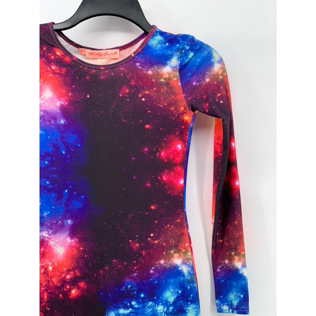 OH MY LOVE Women's Purple-Blue Galaxy Print Crewneck Bodycon Midi Dress SZ XS