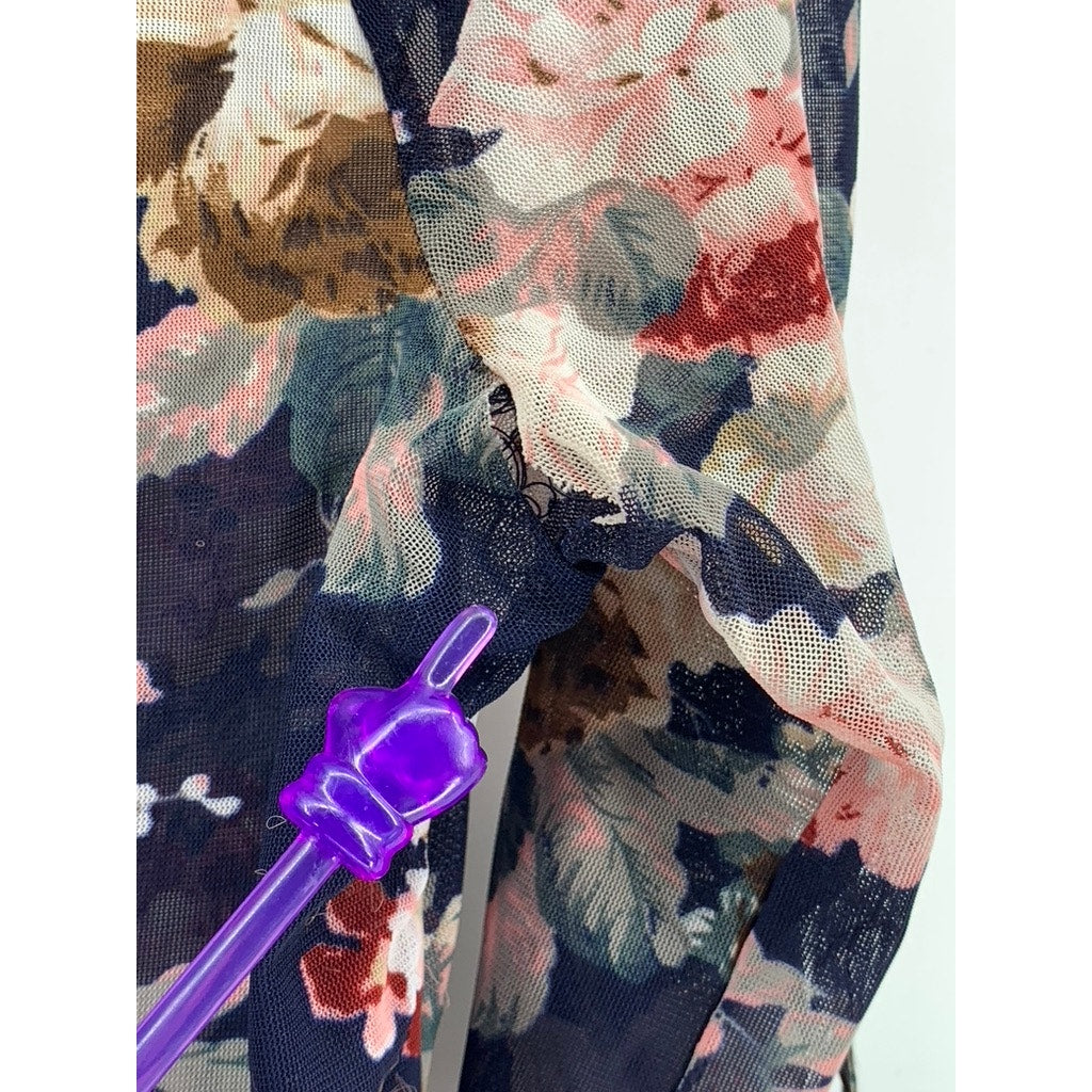 SIREN LILY Women's Navy Floral Mesh Button-Up Long Sleeve Top SZ S