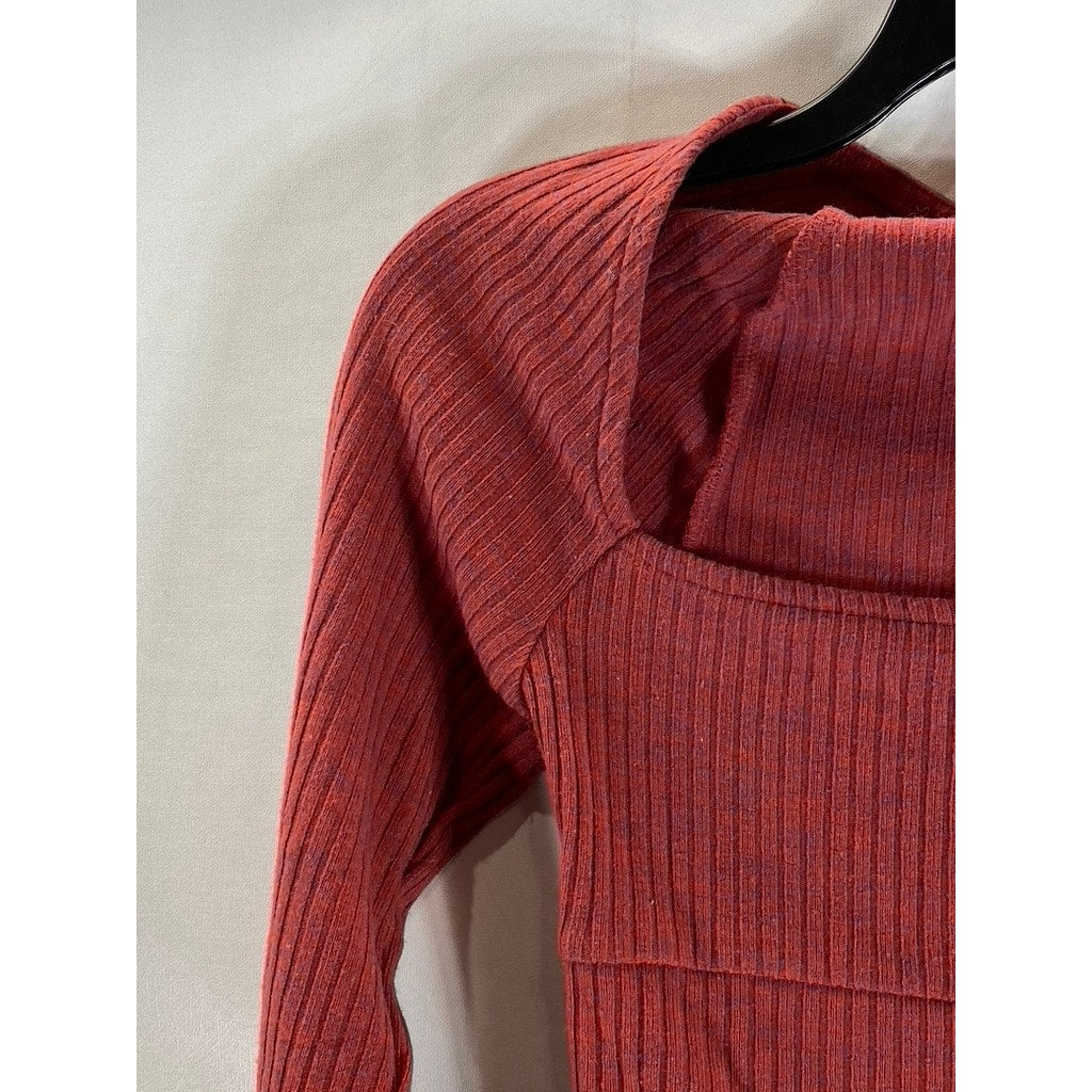 URBAN OUTFITTERS Women's Red Ribbed Square-Neck Long Sleeve Crop Top SZ S
