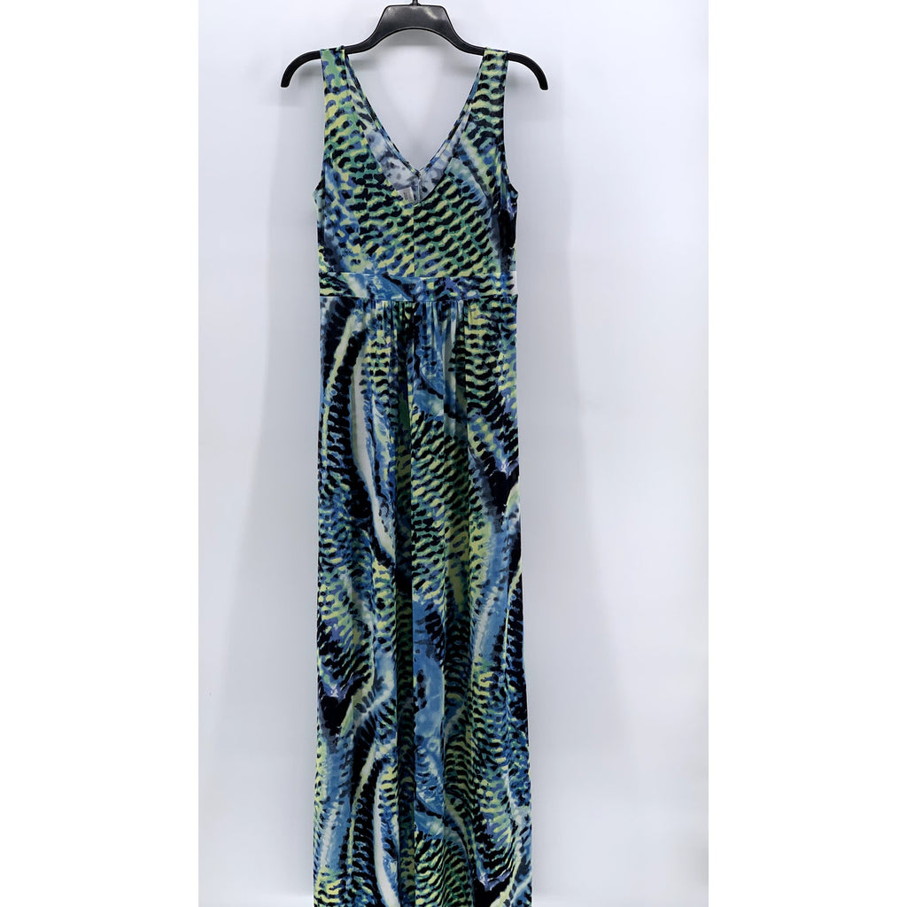 WEST LOOP Women's Blue-Green Printed V-Neck Sleeveless Maxi Dress SZ L