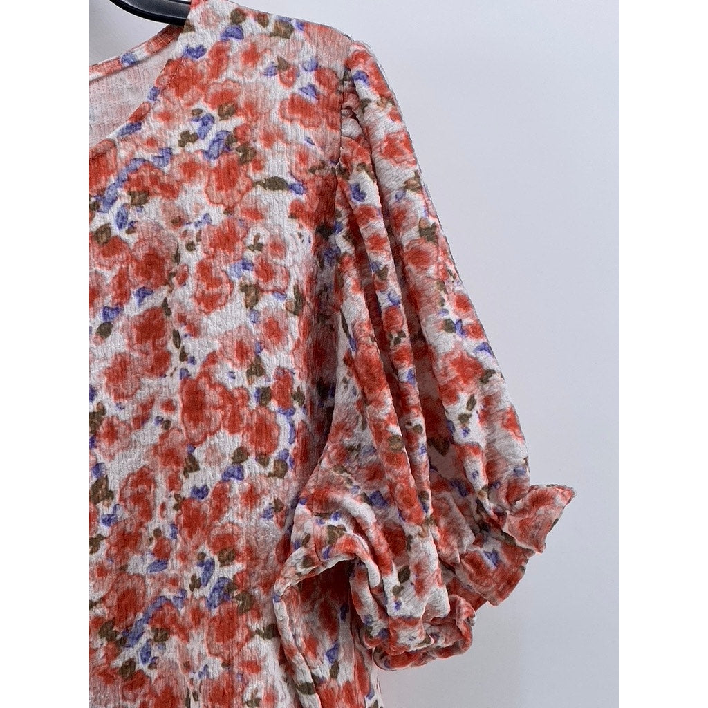 UNBRANDED Women's White-Orange Floral Short Ruffle Sleeve Top SZ 2XL