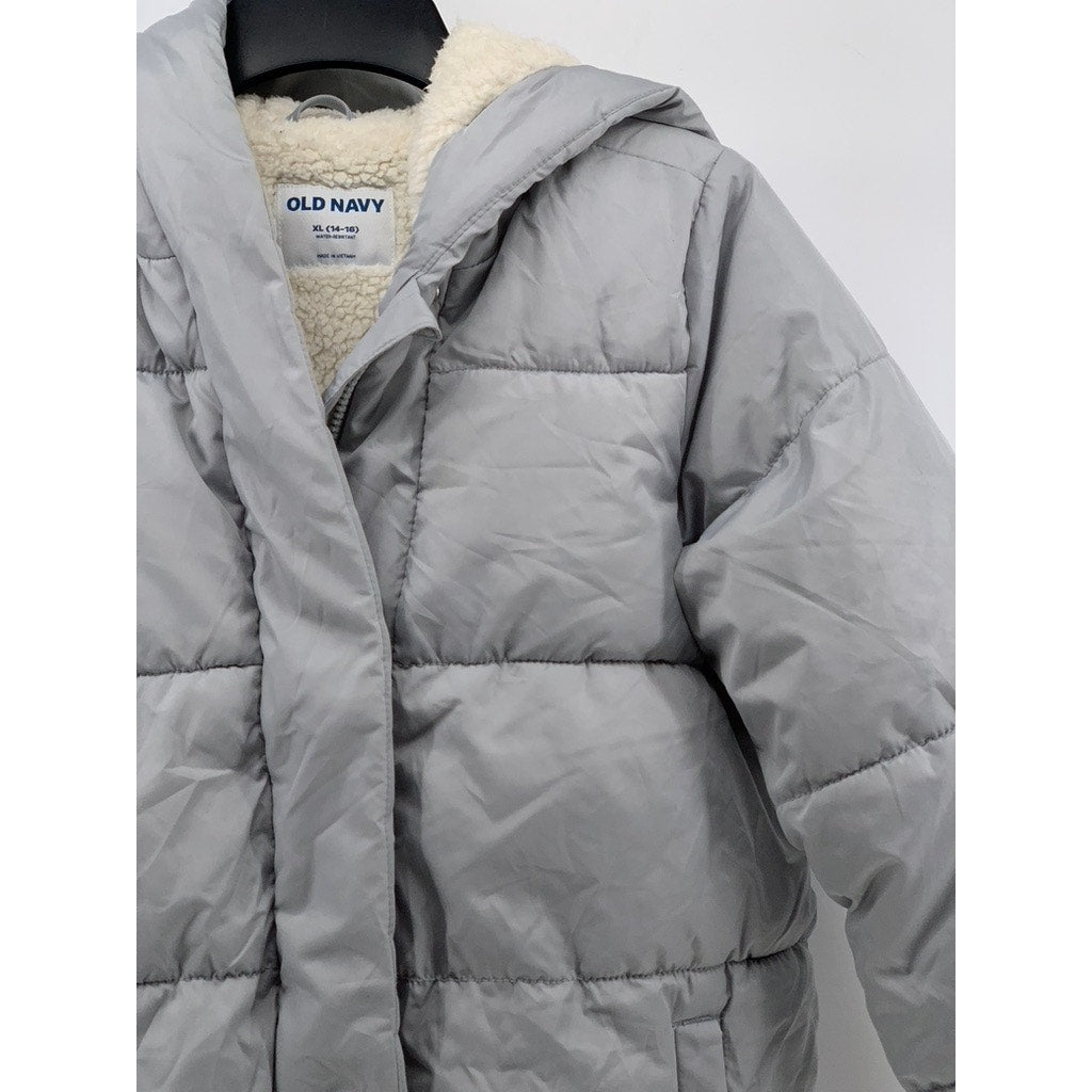 OLD NAVY Girls' Gray Zip-Up Puffer Hooded Jacket SZ XL