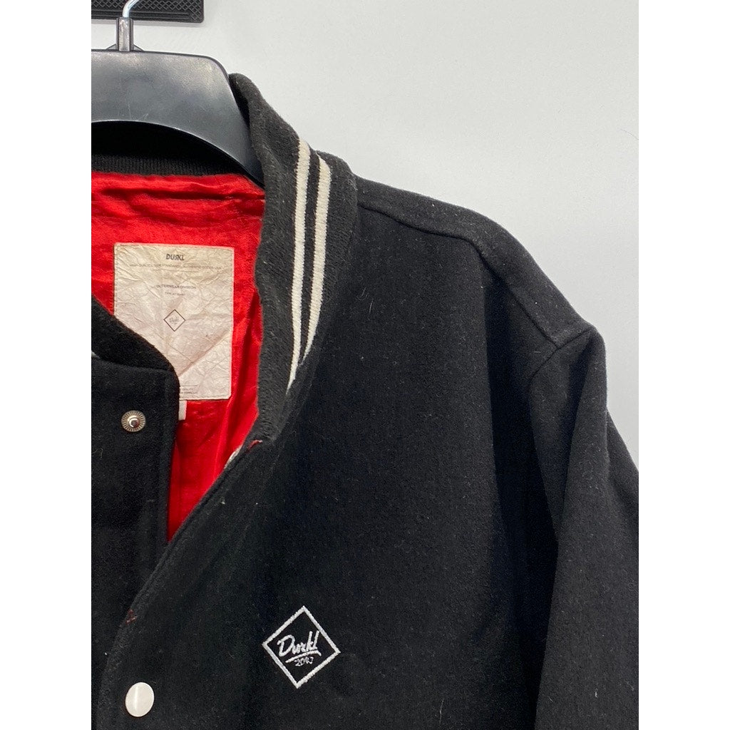 DURKL Men's Vintage Black-White Button-Up Striped-Trim Varsity Jacket SZ M