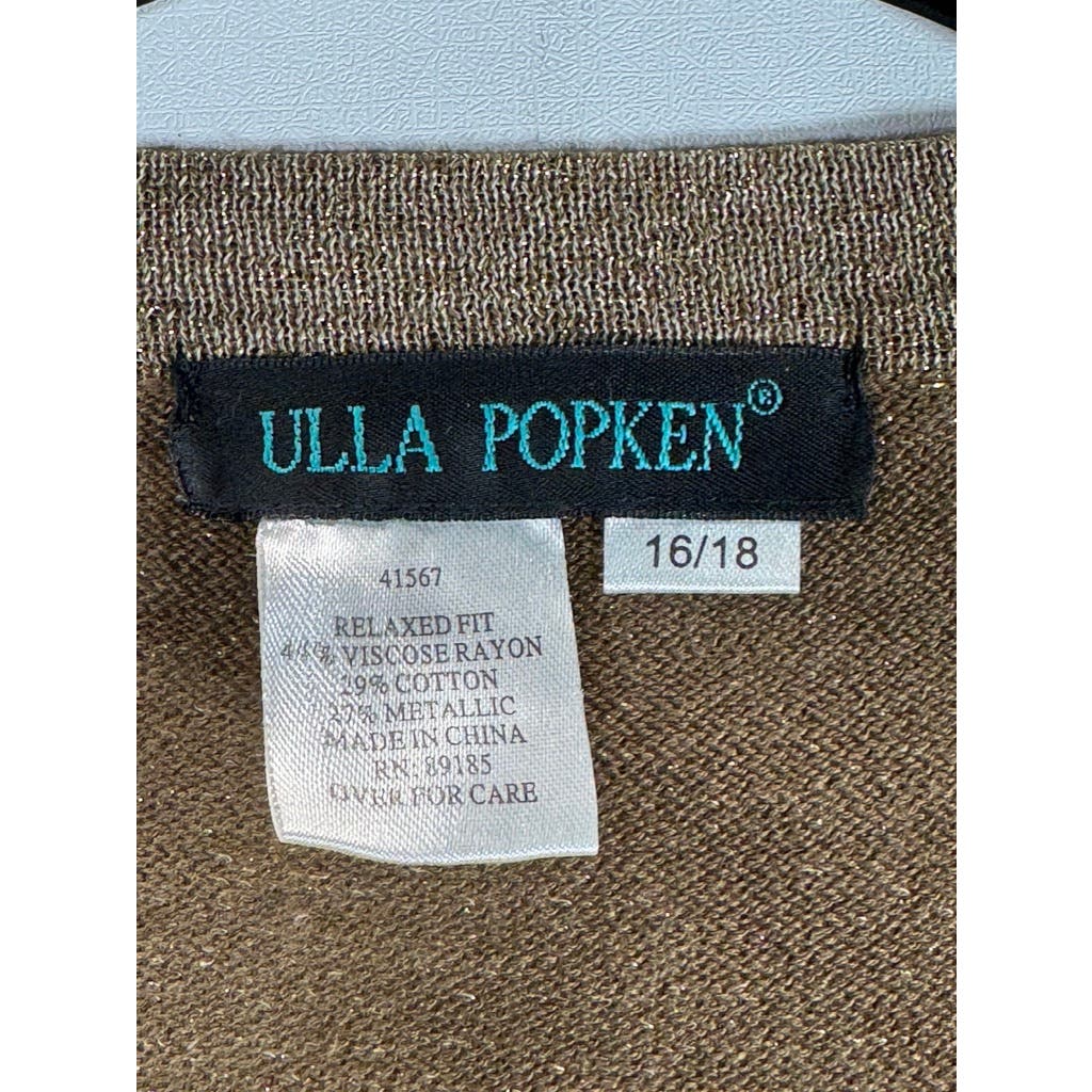 ULLA POPKEN Women's Plus Brown Metallic Relaxed Fit Button-Up Cardigan SZ 16/18