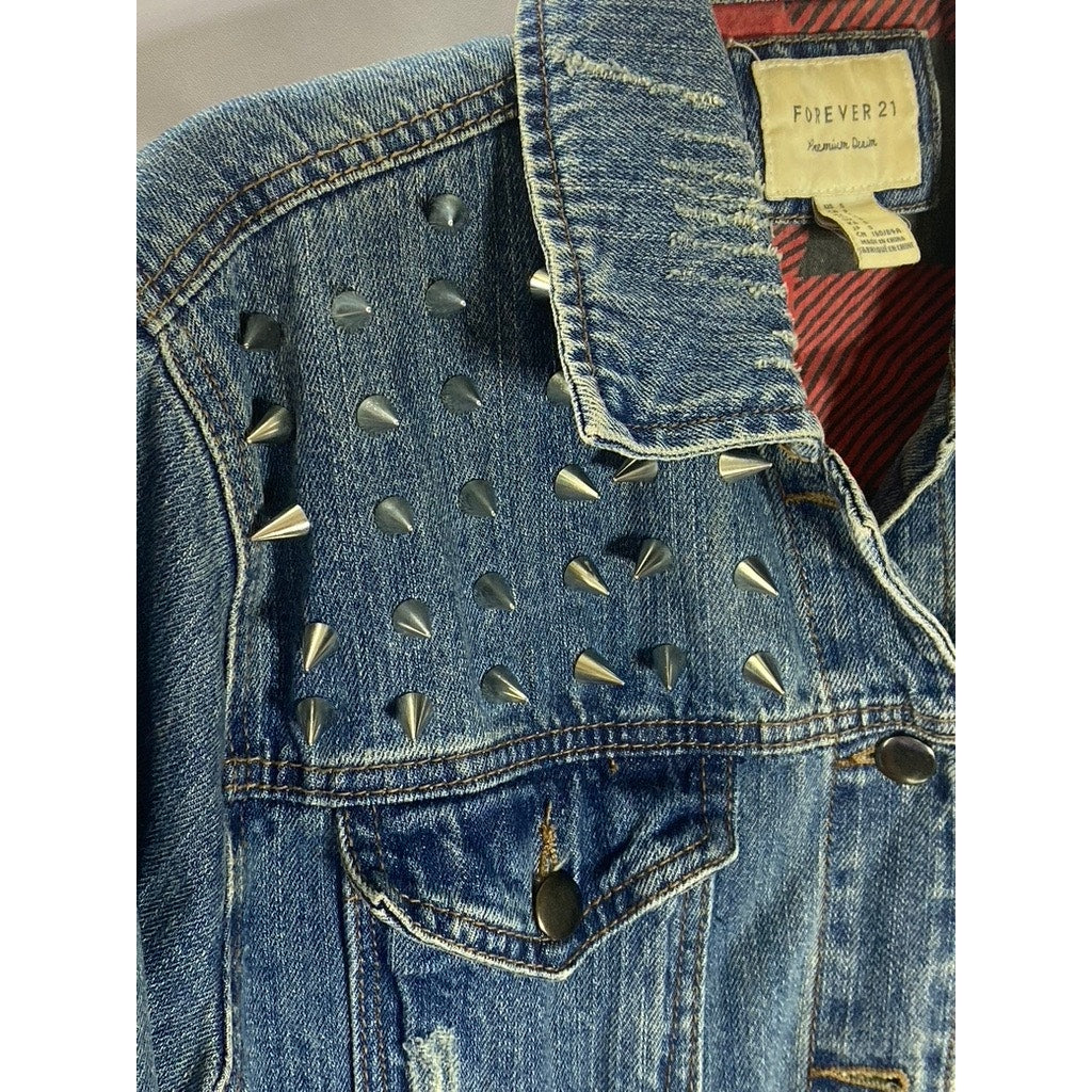 FOREVER 21 Women's Blue Denim Custom Studded Distressed Button-Up Jacket SZ S