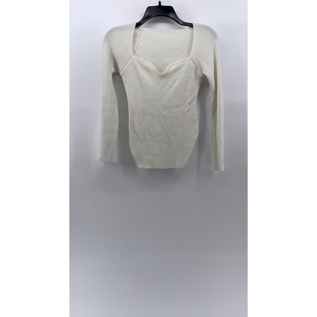 UNBRANDED Women's White Rib Square Hem Slim Fit Long Sleeve V-Neck Top SZ S
