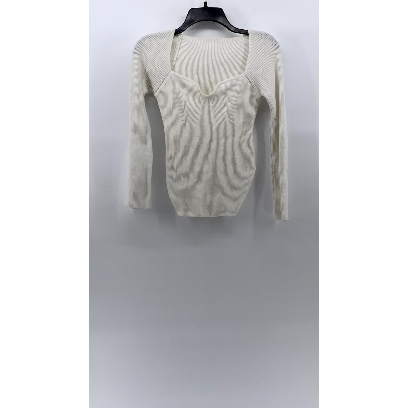 UNBRANDED Women's White Rib Square Hem Slim Fit Long Sleeve V-Neck Top SZ S
