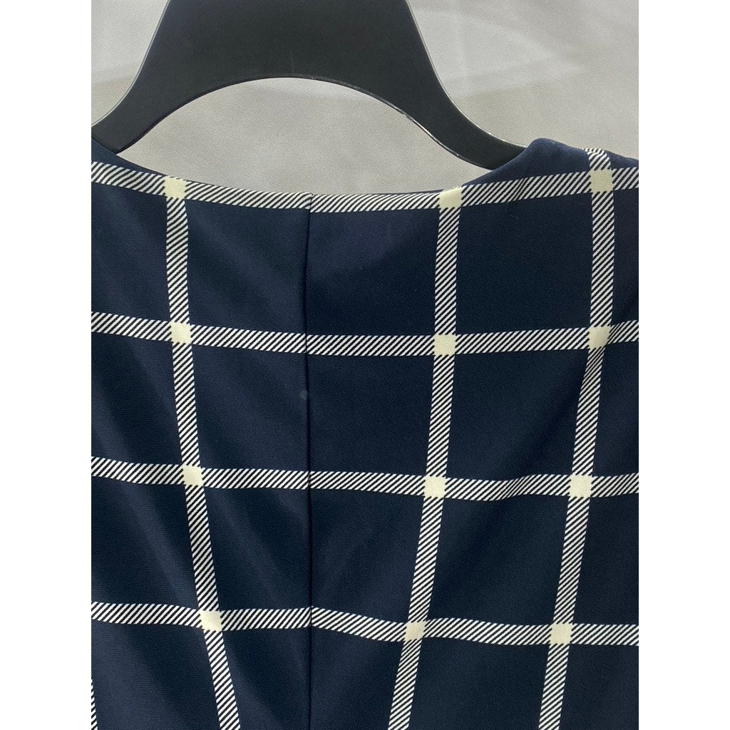 TOMMY HILFIGER Women's Navy Checkered Crewneck Long Sleeve Knee Length Dress SZS