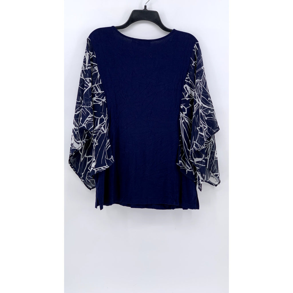 BELLE BY KIM GRAVEL Women's Dark Blue Print Drama Sleeve Top SZ M
