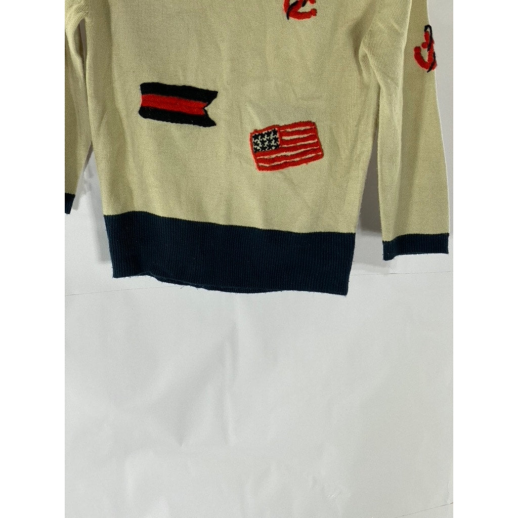 TATYANA Women's Tan-Navy Vintage Patriotic Embroidered Knit 90's Sweater SZ L