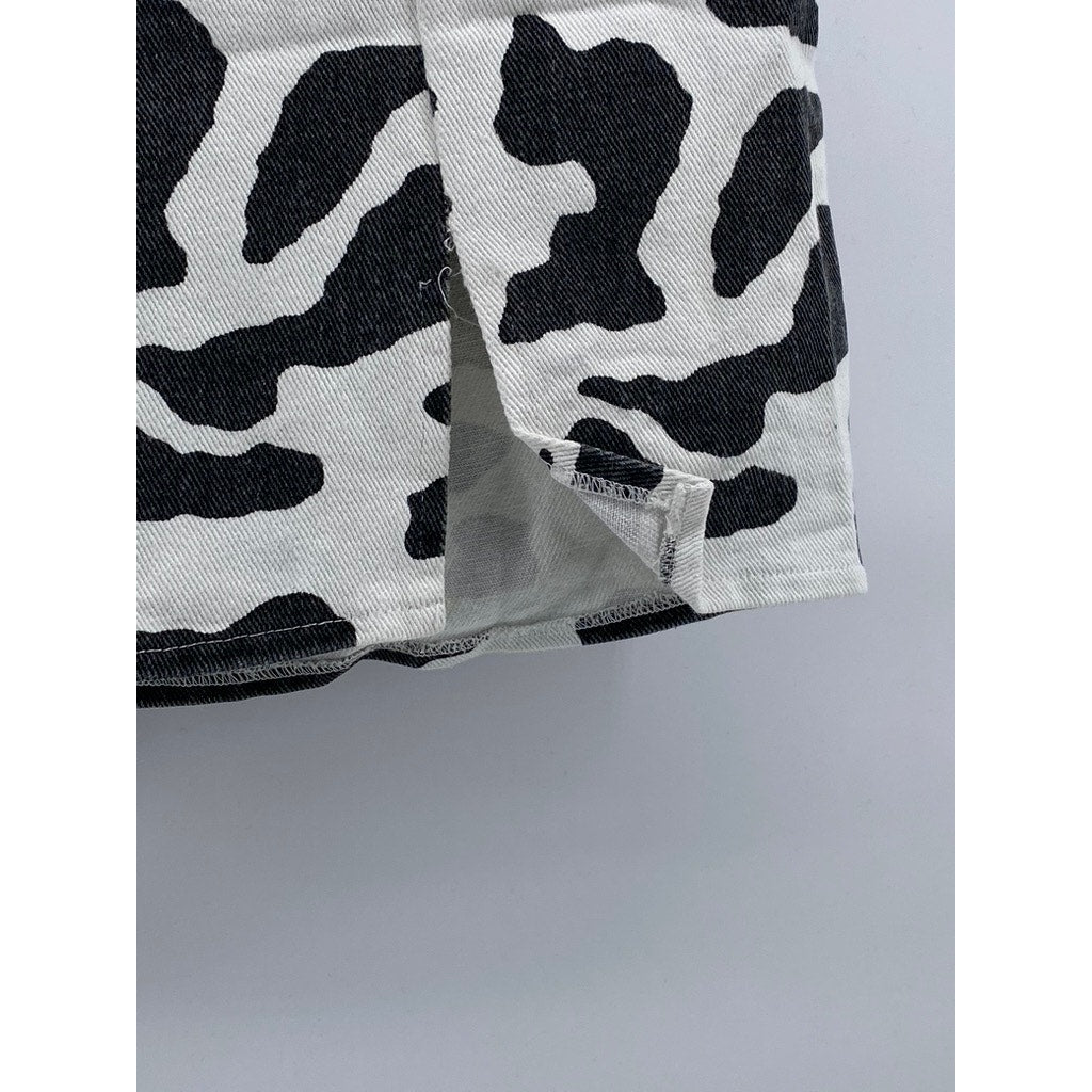 LE LIS Women's Black-White Animal-Print Denim Split-Hem Straight Mini Skirt SZ M