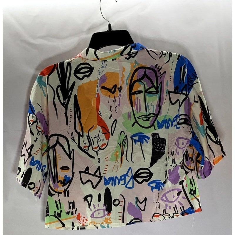 SHEIN Women's White/Multi Graffiti Graphic Button-Up Short Sleeve Crop Top SZ S
