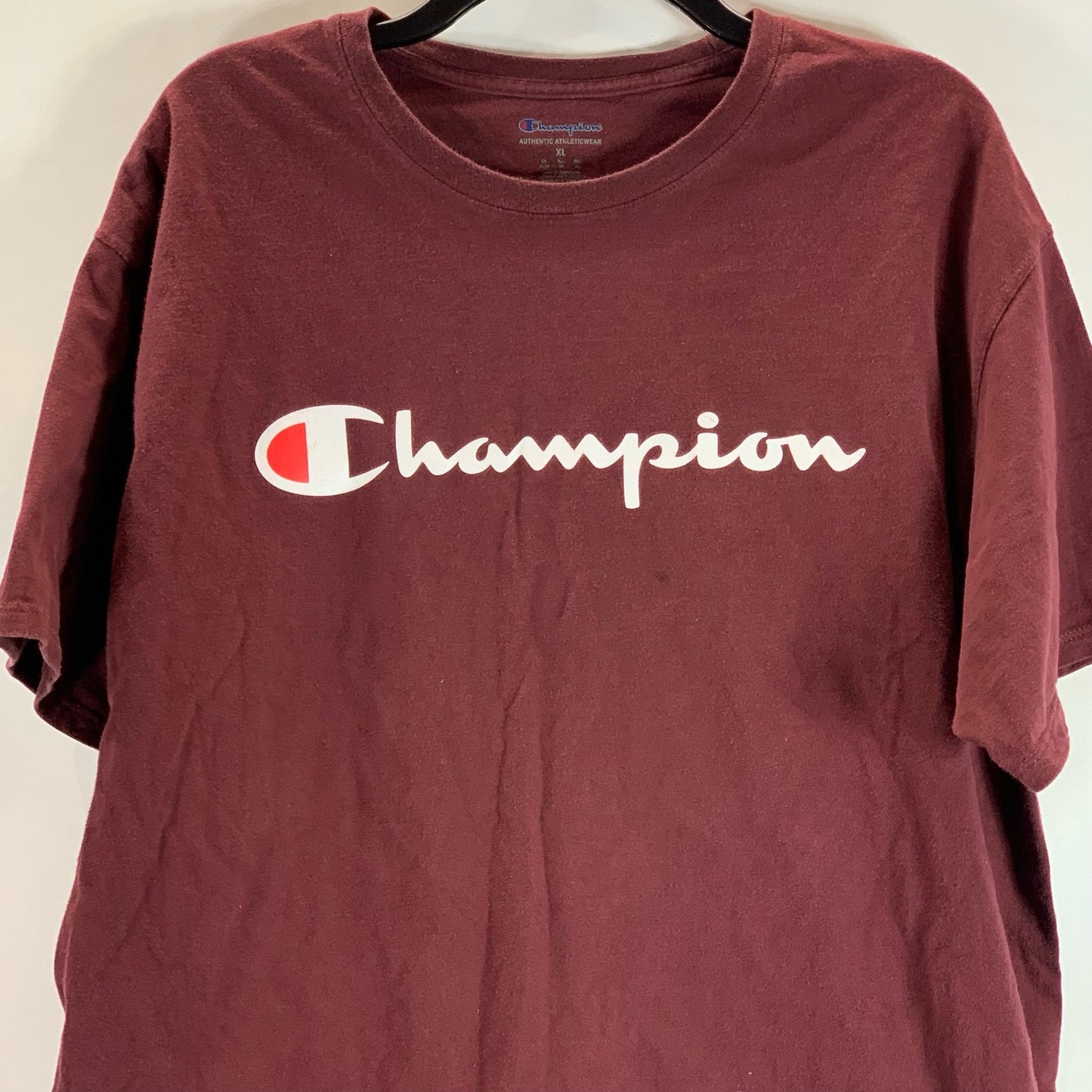 CHAMPION Men's Burgundy Script Logo Crewneck Regular-Fit T-Shirt SZ XL