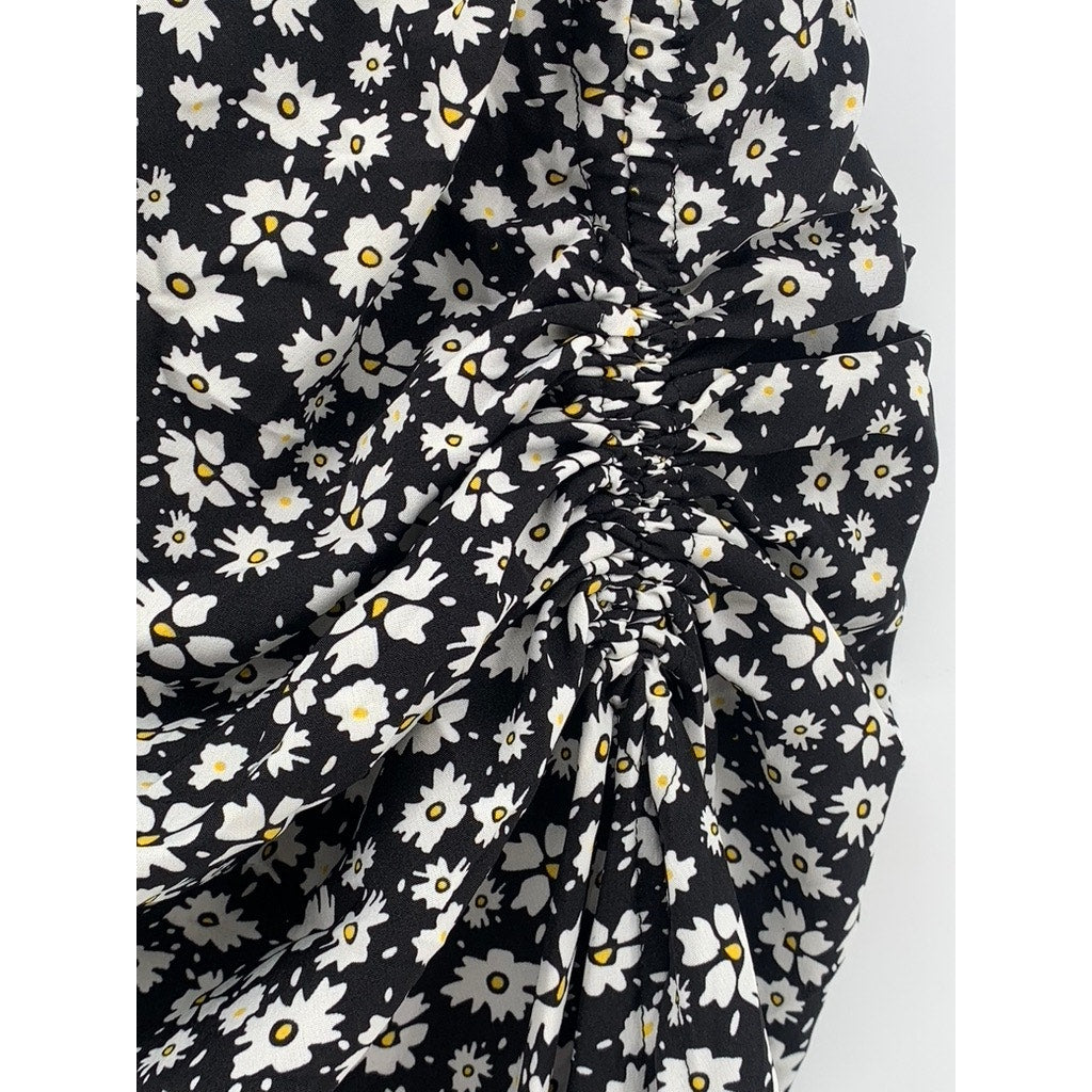 CURVZY Women's Black Ditsy Floral Side-Ruched Midi Skirt SZ 14