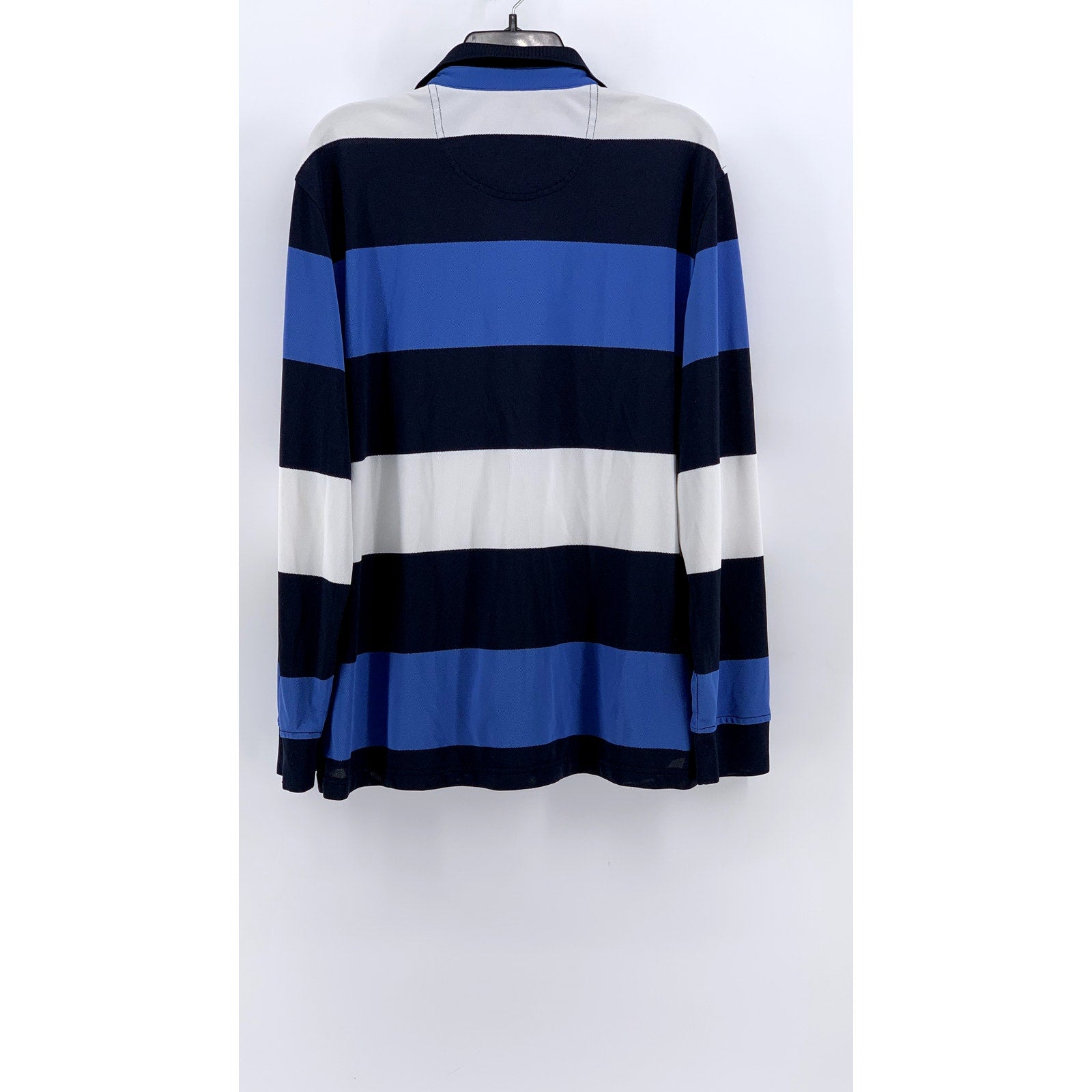IZOD Men's Navy Blue Striped Textured Long Sleeve Polo Shirt SZ L