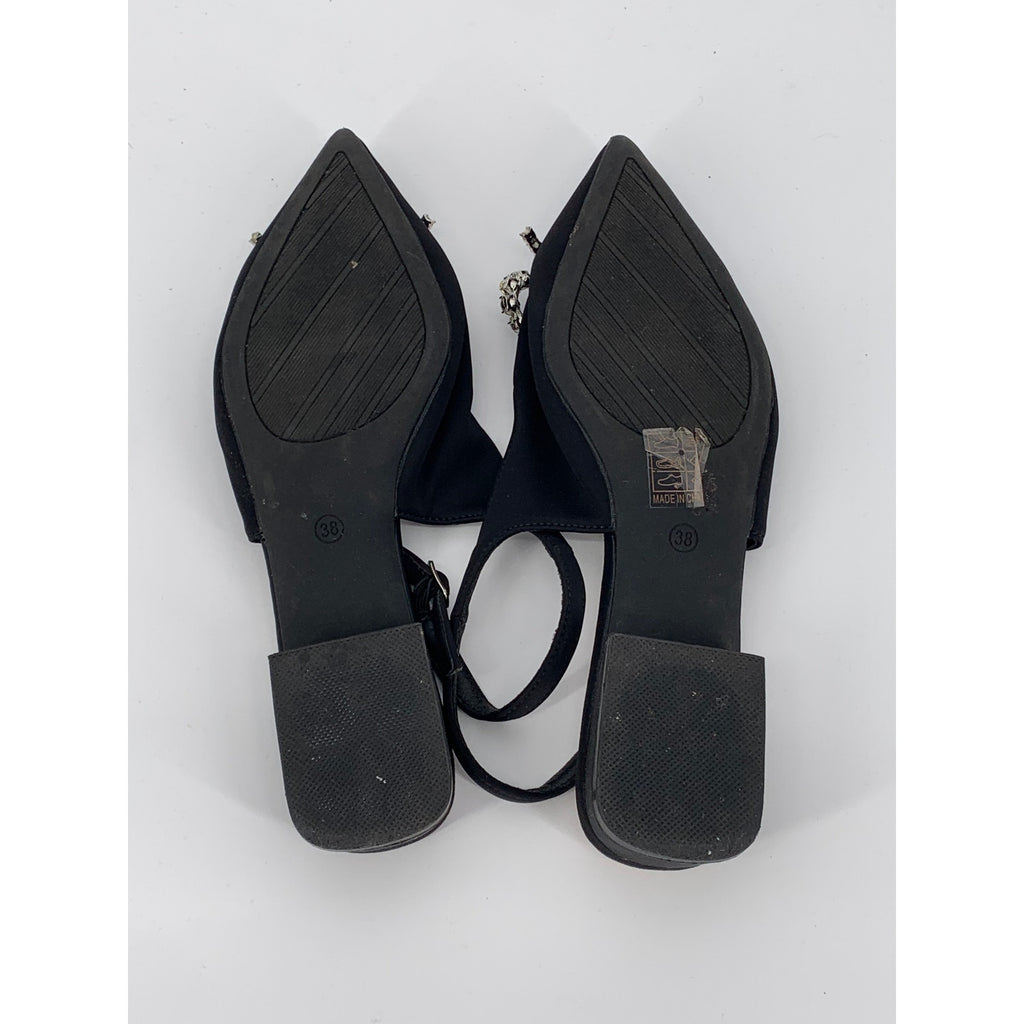 UNBRANDED Women's Black Rhinestone Bow Pointed-Toe Block-Heel Slingback SZ 7