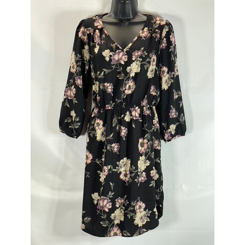 SKIES ARE BLUE Women's Black Floral Print Bronwyn V-Neck Long Sleeve Dress SZ S