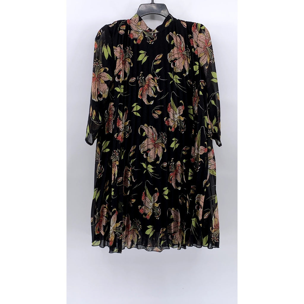 ASOS Women's Black Floral Print Long Sleeve Pleated A-Line Knee Length Dress SZ8