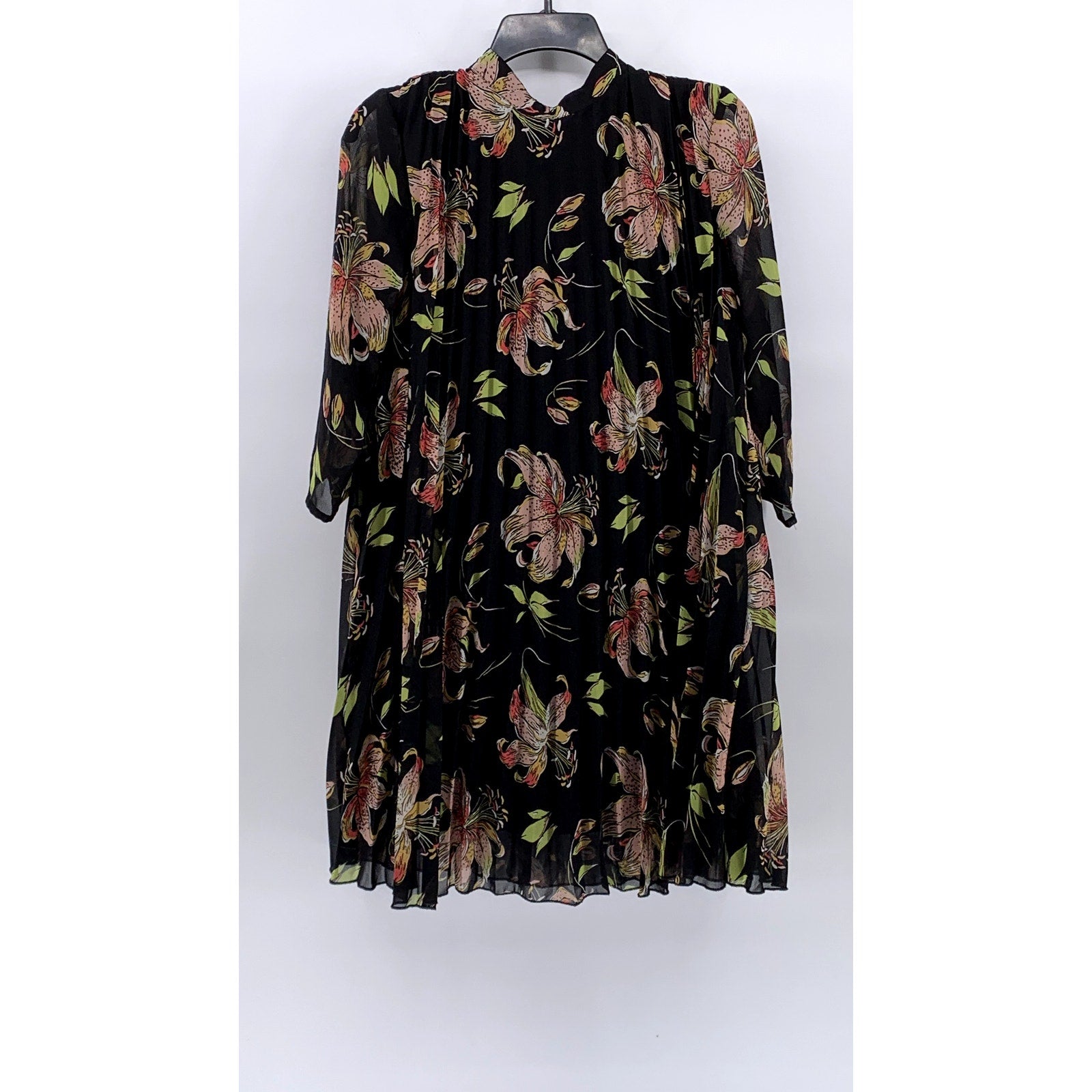 ASOS Women's Black Floral Print Long Sleeve Pleated A-Line Knee Length Dress SZ8
