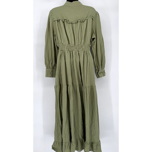 UNBRANDED Women’s Army Green High-Neck Long Sleeve Prairie Maxi Dress SZ XL