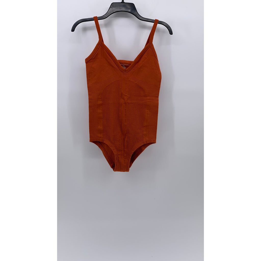 ANTHROPOLOGIE Women's Dark Orange Rib Stretch V-Neck One-Piece Bodysuit SZ XS/S