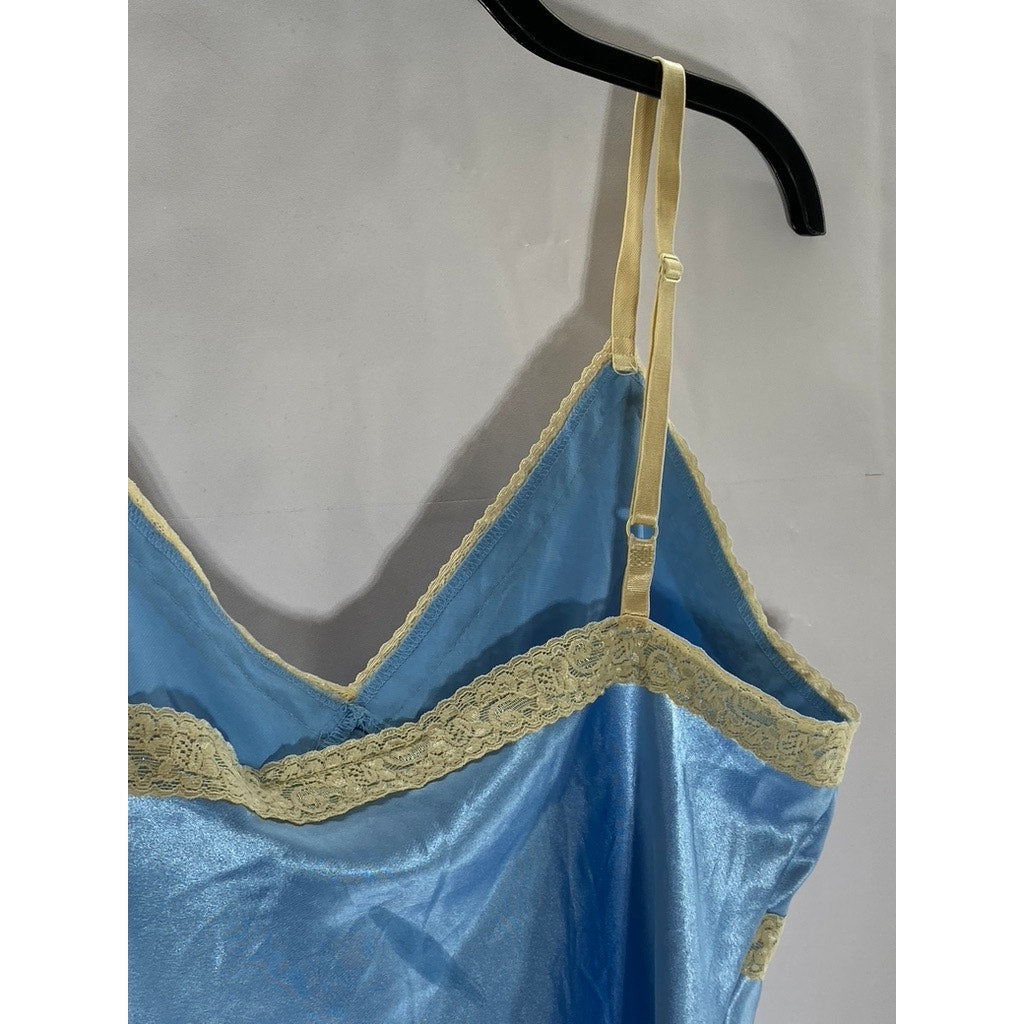 E.K. DESIGNS Women's Light Blue-Beige Satin Lace-Trim Adjustable Cami Top SZ M
