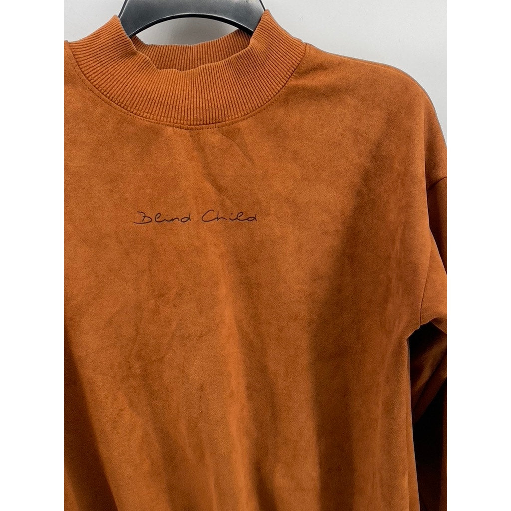FASHION Women's Brown Blind Child Logo Soft Faux Suede Crewneck Sweatshirt SZ S