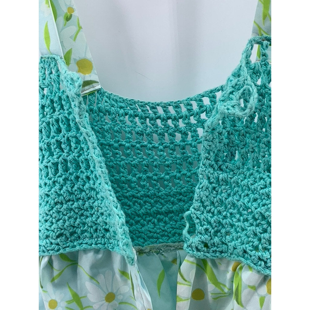 UNBRANDED Women's Blue Floral Scoop-Neck Crochet Knit Handmade Ruffle Top SZ S