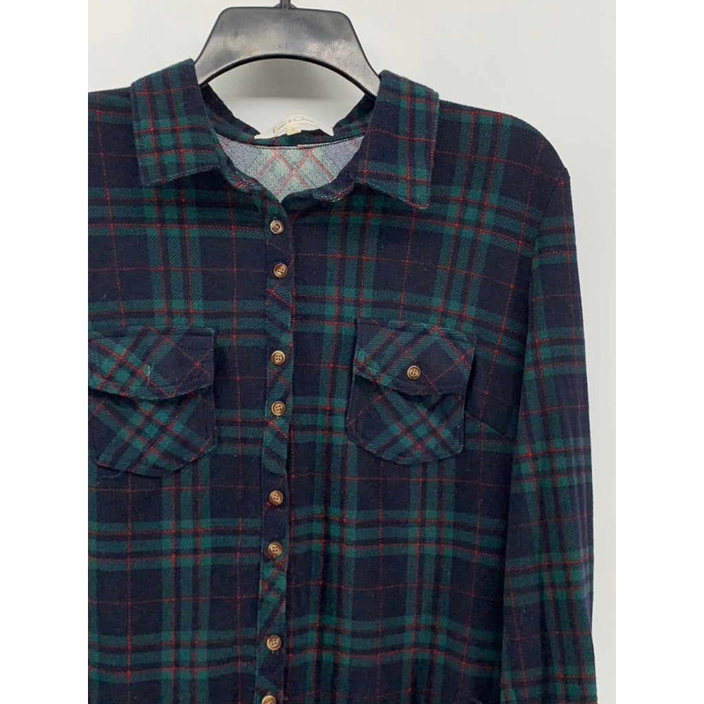 EDEN & OLIVIA Women's Navy-Green Plaid Button-Up Long Sleeve Top SZ L