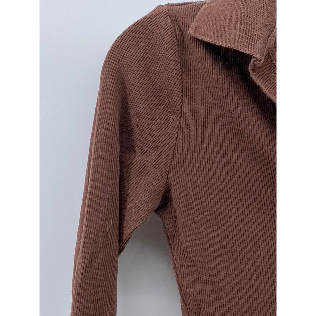 ZARA Women's Brown Ribbed Long Sleeve Casual Polo Crop Top SZ M