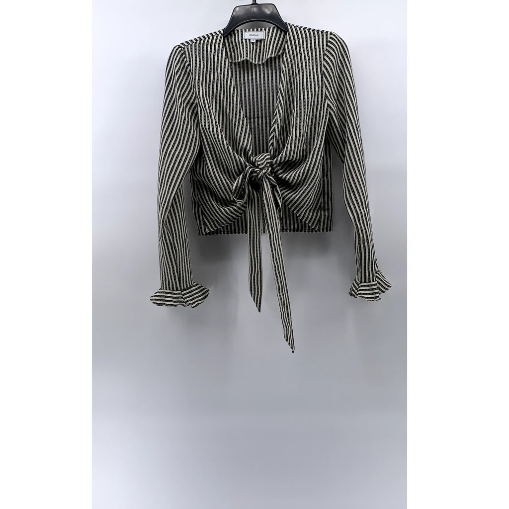 RIHOAS Women's Black-White Striped Printed Tie-Front Ruffle Long Sleeve Top SZ S