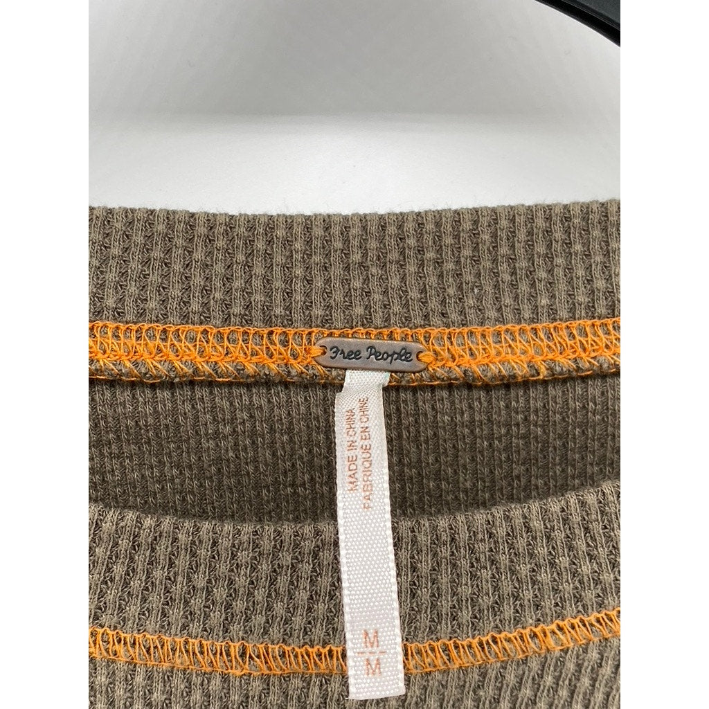 FREE PEOPLE Women's Olive Green-Orange Trim Long Zipper Cuff Sleeve Top SZ M