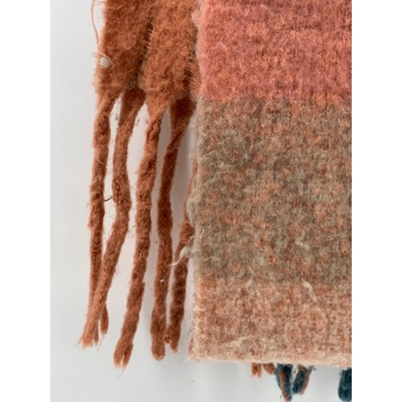 UNBRANDED Women's Peach-Blue Plaid Flannel Fringed Scarf