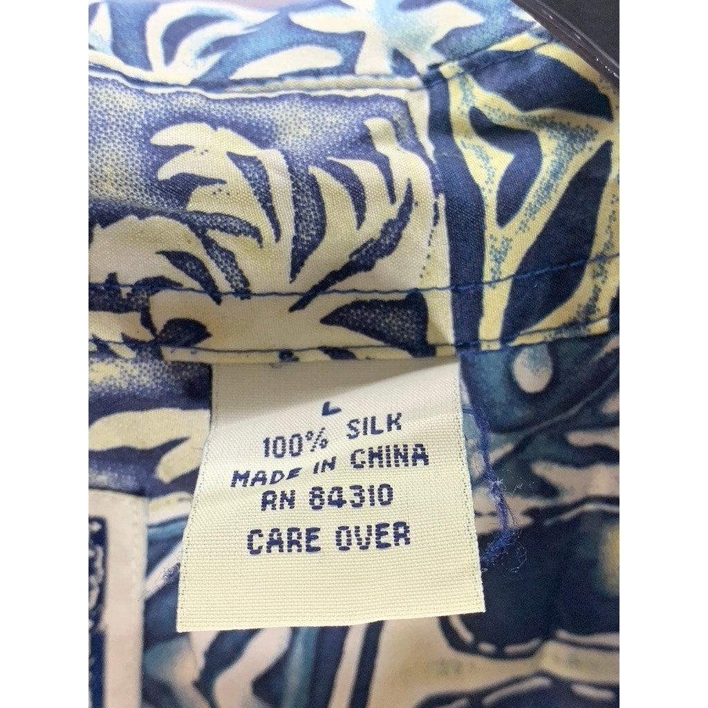 ROUNDTREE & YORKE Men's Vintage Blue Silk Hawaiian Print Button-Up Shirt SZ L