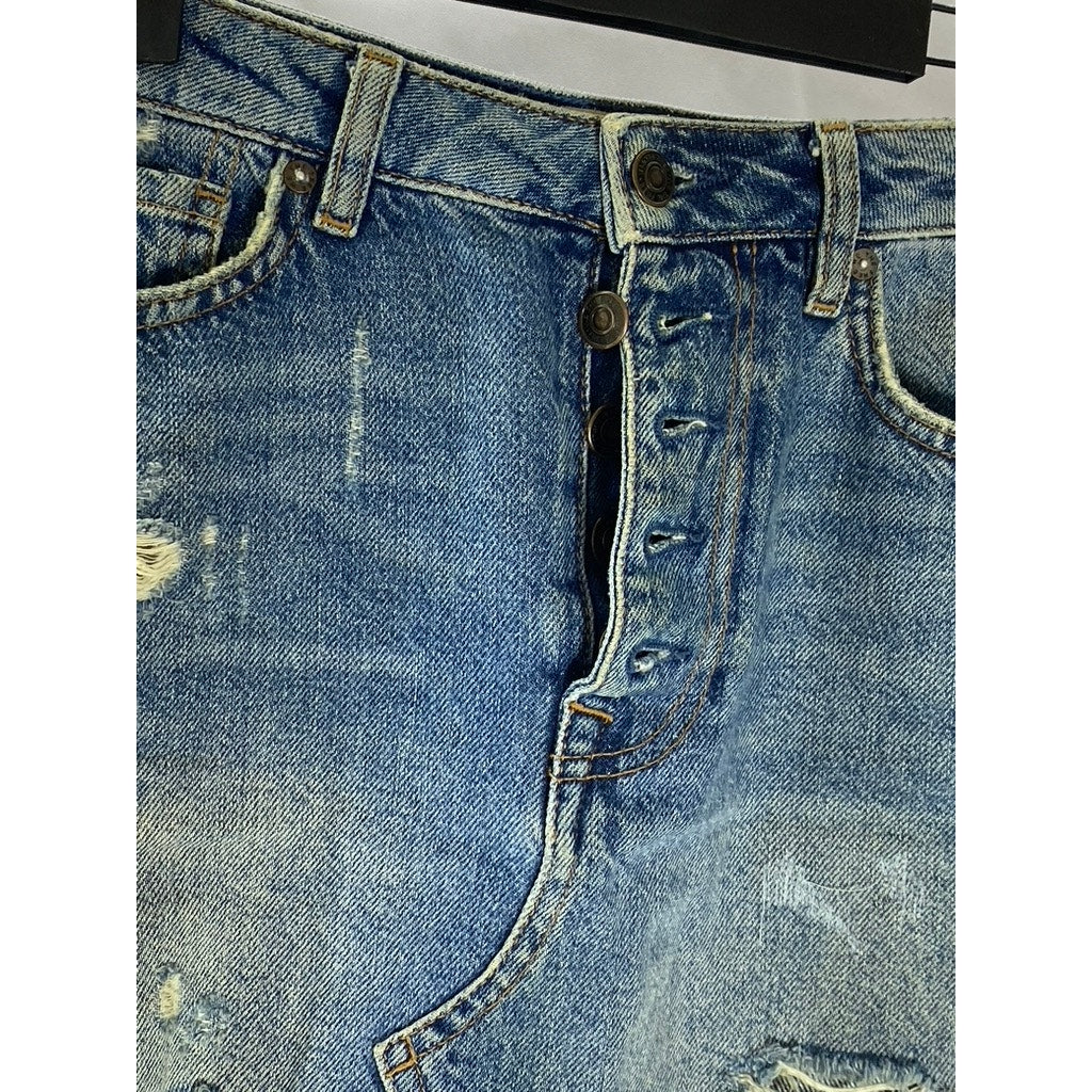 WE THE FREE Women's Blue Denim Distressed Raw-Hem Button-Fly Mini Skirt SZ 28