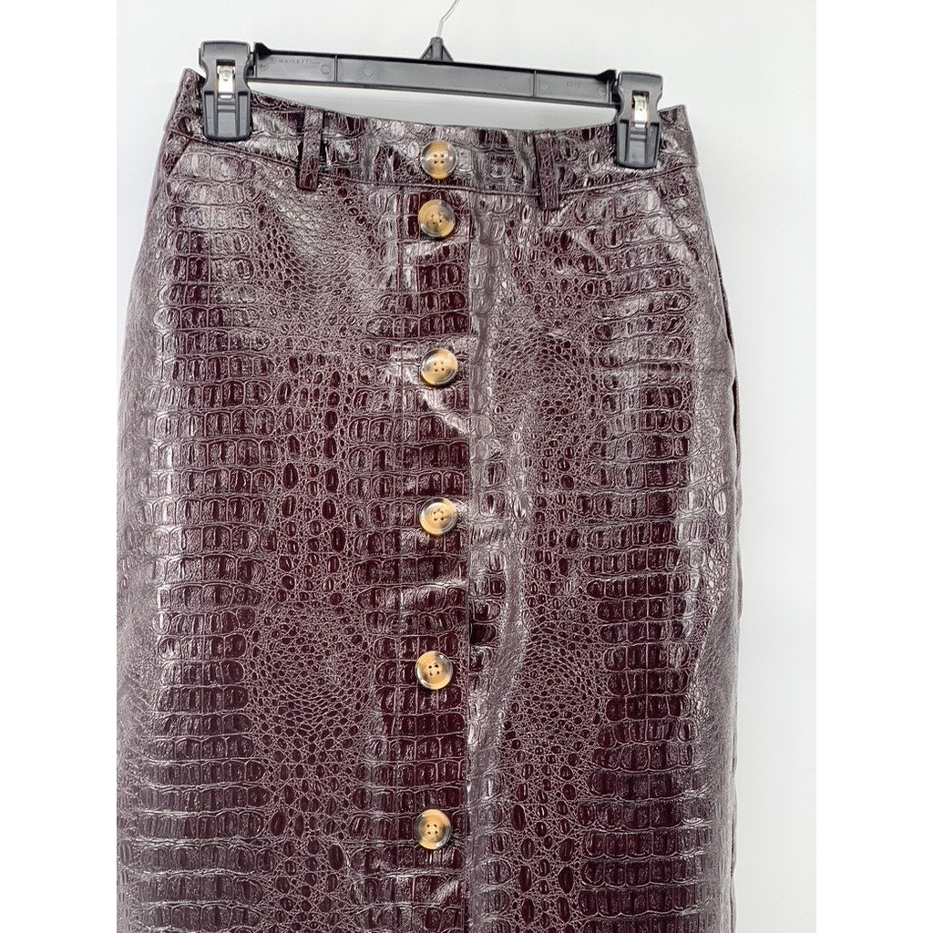 RACHEL COMEY Women's Wine Faux-Leather Snake Print Straight Midi Skirt SZ 0