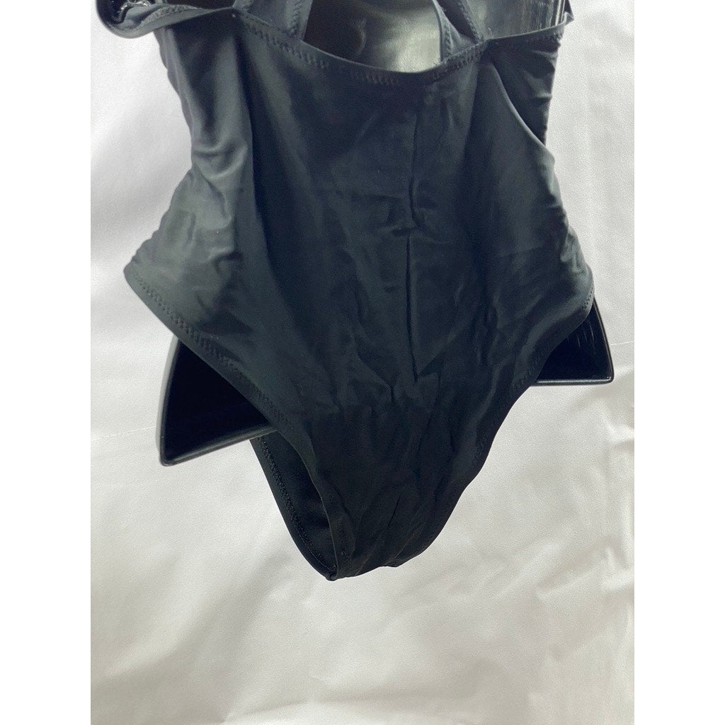UNBRANDED Women's Black Eyelet Deep V-Neck Cross-Back Bathing Suit SZ S
