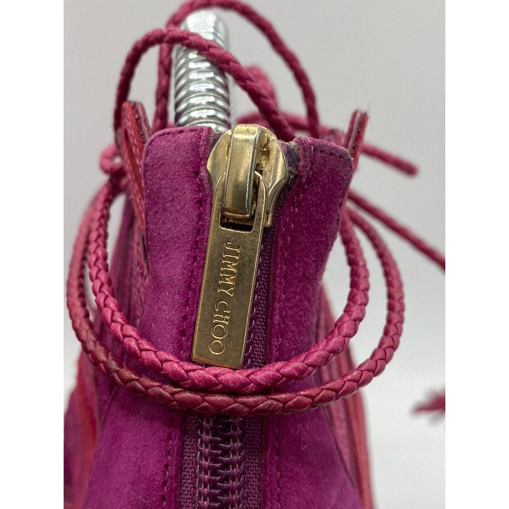 JIMMY CHOO Women's Magenta Kafira Mesh Peep-Toe Stiletto Booties SZ 38.5(US8.5)