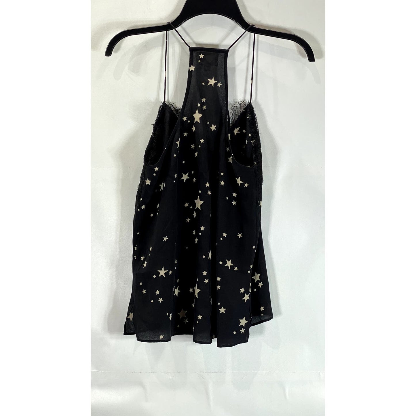 CAMI NYC Women's Black Star-Print Lace-Trim Racerback Silk Top SZ XS