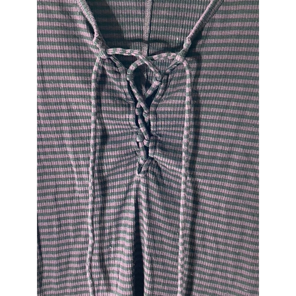 WE THE FREE Women’s Purple-Black Striped V-Neck Lace-Up 3/4 Sleeve Top SZ M