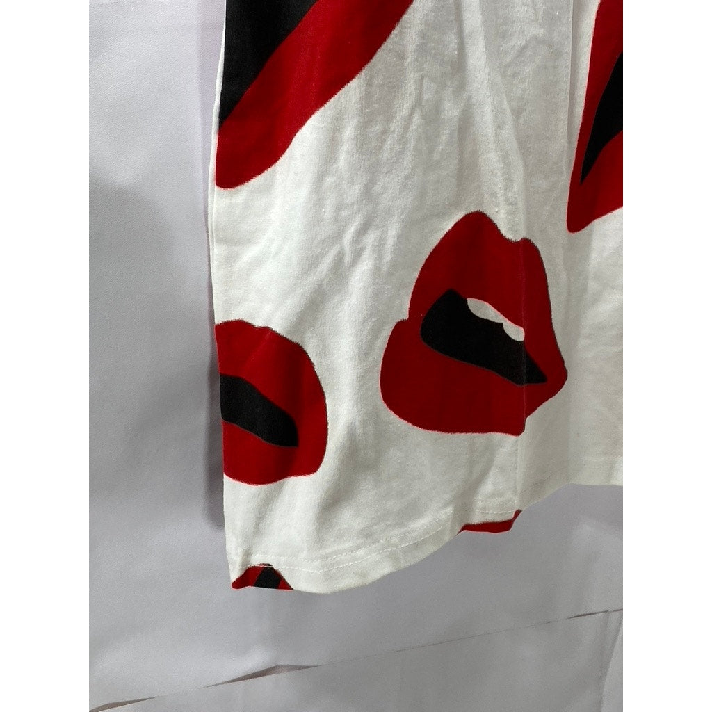 ON FIRE Women's White-Red Lips Crewneck Short Sleeve Mini T-Shirt Dress SZ M