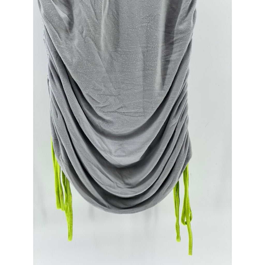 O-MIGHTY Women's Green-Gray Side Ruched Crewneck Monkey Sleeveless Dress SZ S
